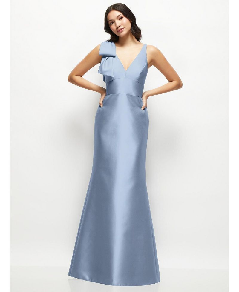 Women's Deep V-back Satin Trumpet Dress with Cascading Bow at One Shoulder