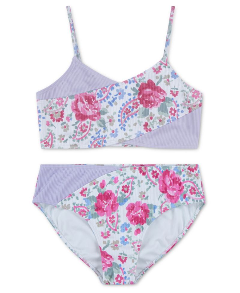Girls' Cross Wrap Asymmetrical Neck Top & Swim Bottoms, 2-Piece Set
