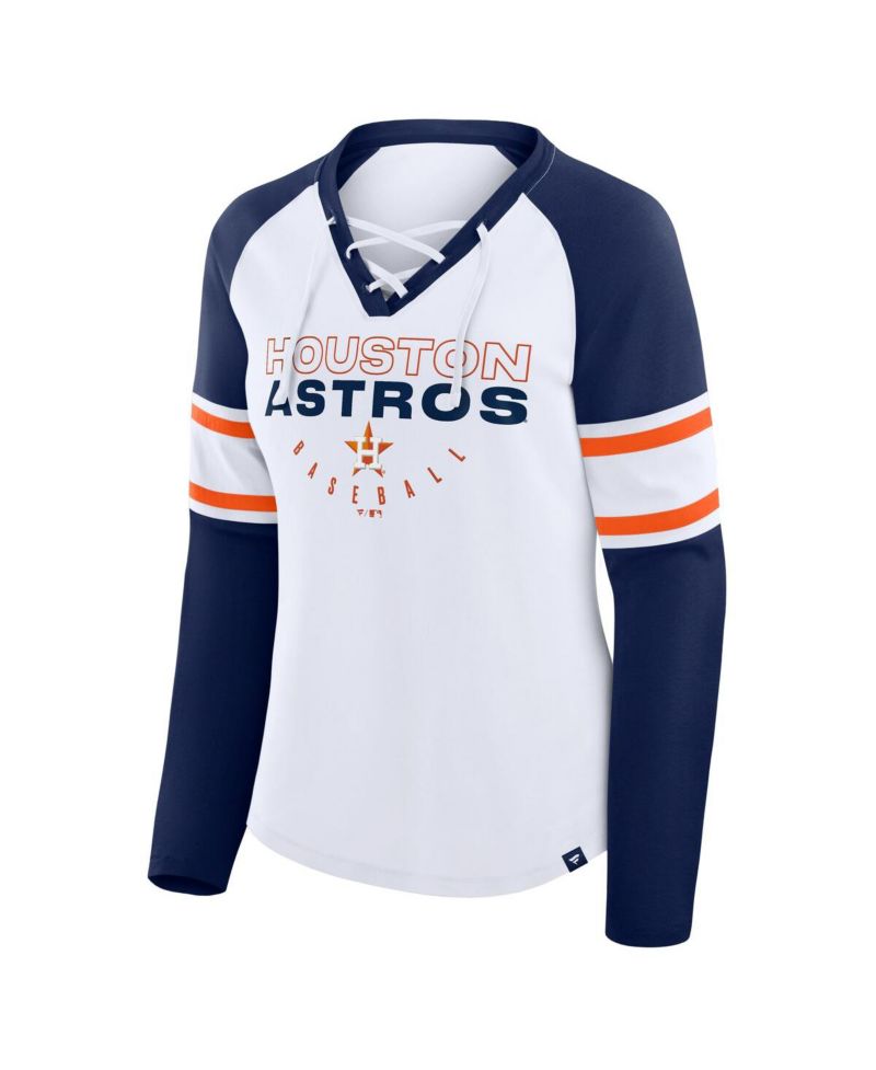 Women's White/Navy Houston Astros Blitz Package Raglan Lace-Up V-Neck Long Sleeve T-Shirt