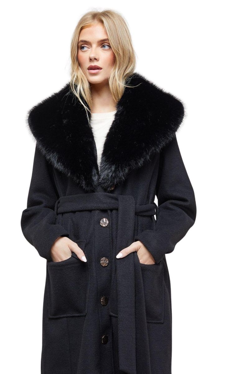 Women's Faux Fur Collar Belted Coat