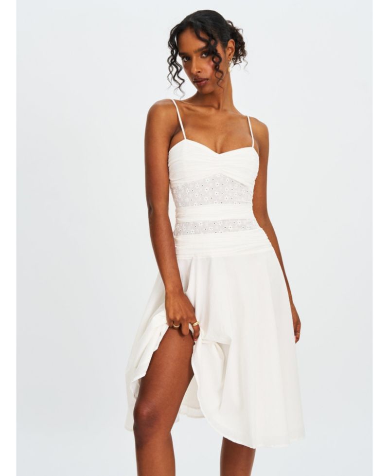 Women's Maelis White Eyelet Drop Waist Cotton Midi Dress
