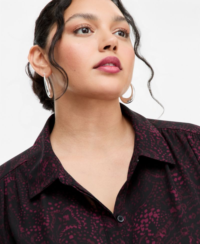 Plus Size Long-Sleeve Button-Up Collared Tunic