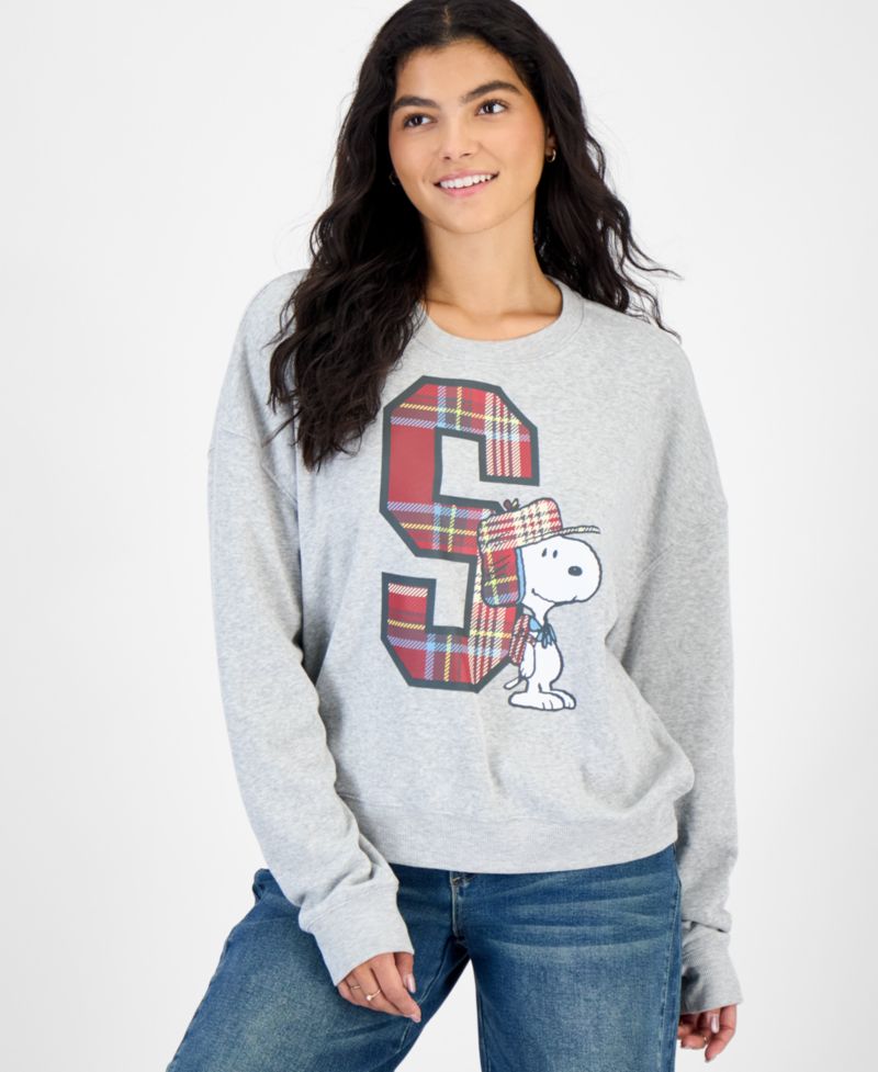 Juniors' Snoopy Plaid Graphic Fleece Sweatshirt