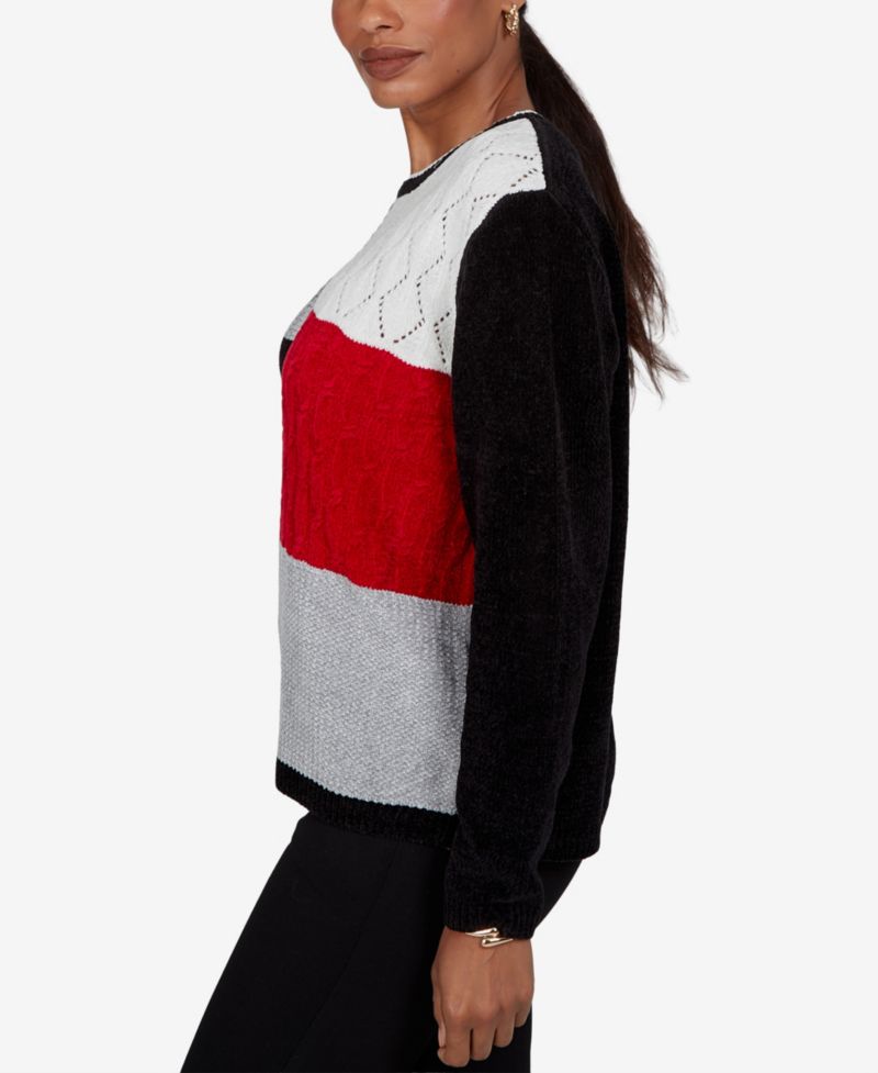 Women's Sweatr Cable-Knit Colorblock Crewneck Long-Sleeve Pullover