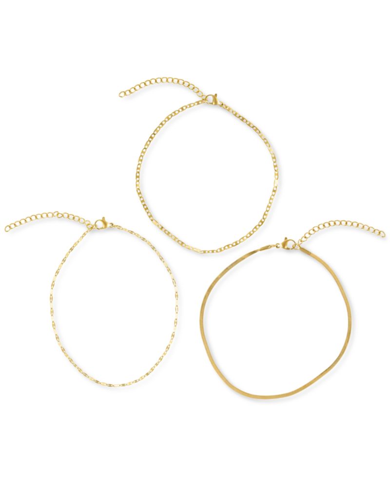 Gold Tarnish Resistant Adjustable 9-11" Herringbone, Valentina and Mariner Chain Anklet Set