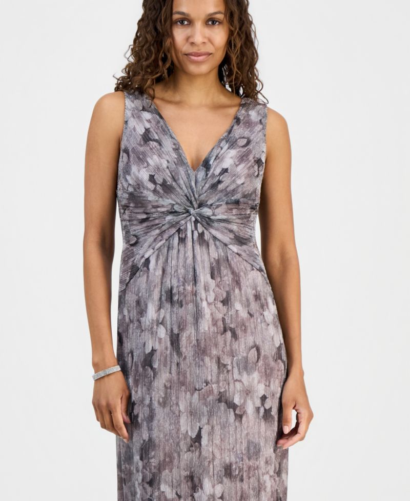 petite Metallic Floral Twist-Front Column Dress