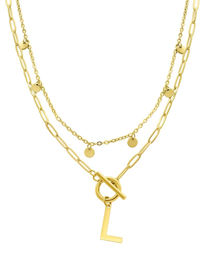 Tarnish Resistant 14K Gold-Plated Confetti and Paperclip Layered Initial Toggle Necklace