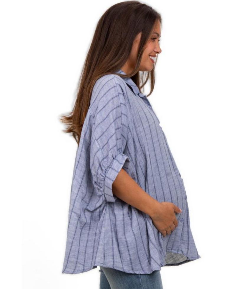 Women's Blue Striped Collared Oversized Top