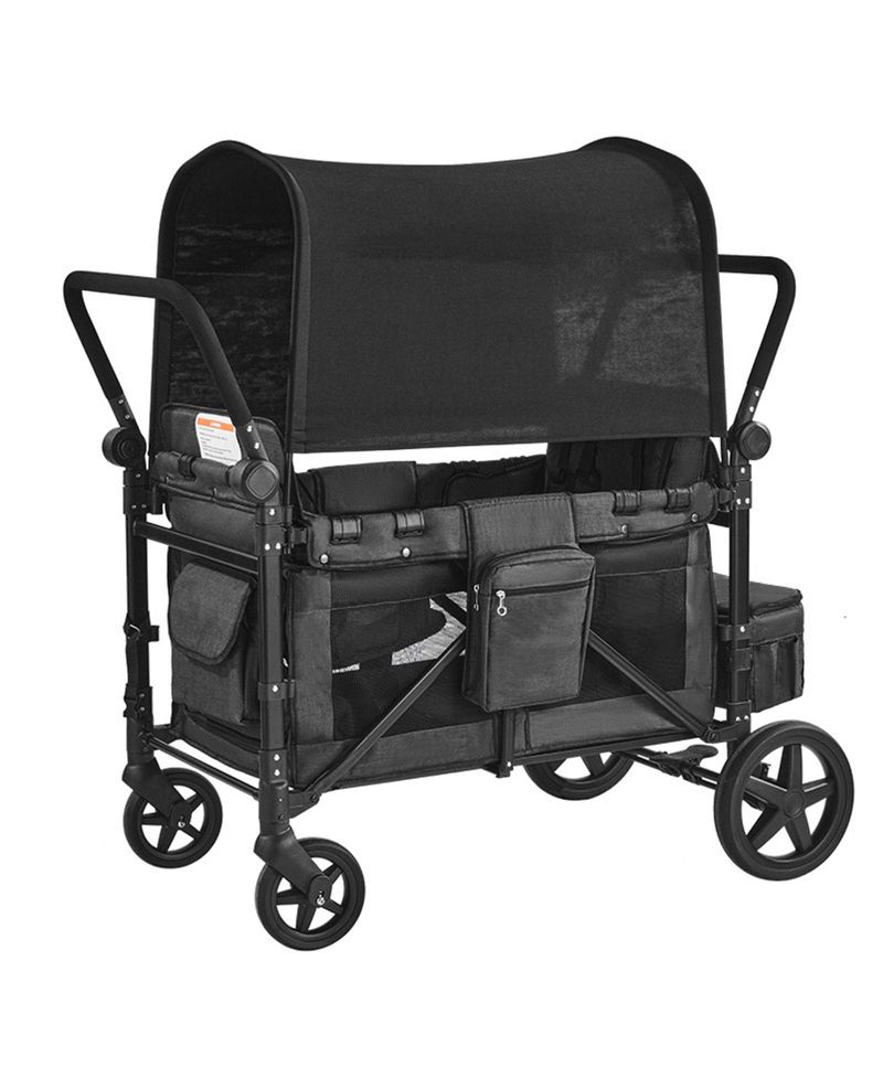 4-Kid Wagon Stroller, Collapsible Push/Pull Cart with Canopy, Safety Harnesses & Adjustable Handle, 330lb Capacity