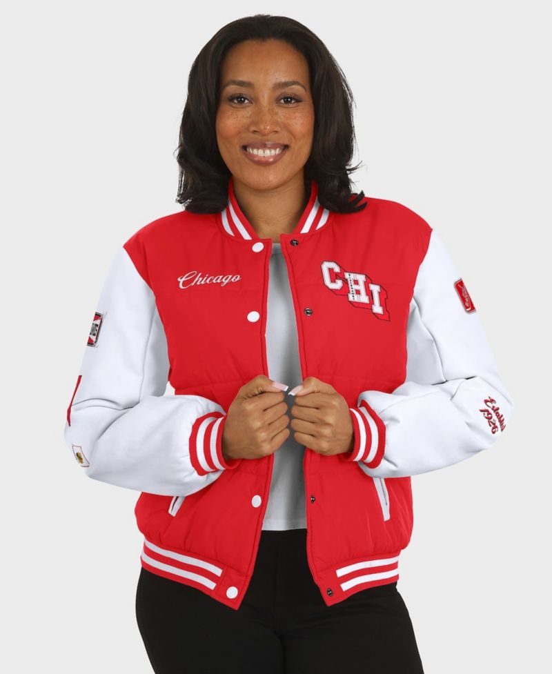 Women's Red/White Chicago Blackhawks Varsity Full-Snap Puffer Jacket
