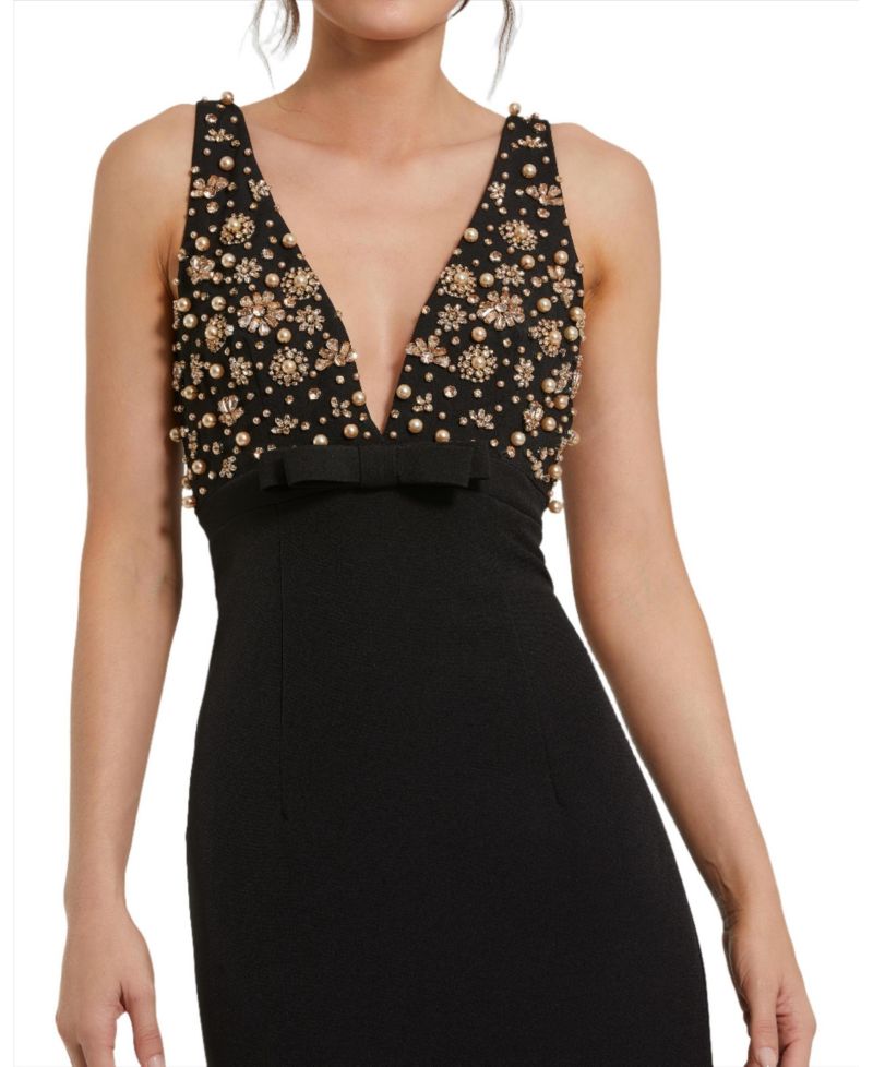 Women's Crepe Sleeveless Beaded V Neck Gown With Bow
