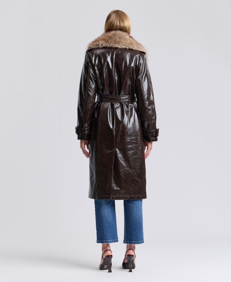 Women's Double-Breasted Detachable Faux Fur Shawl Collar Trench Coat