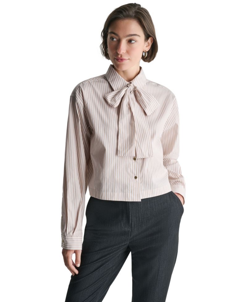Women's Long-Sleeve Striped Tie Neck Blouse