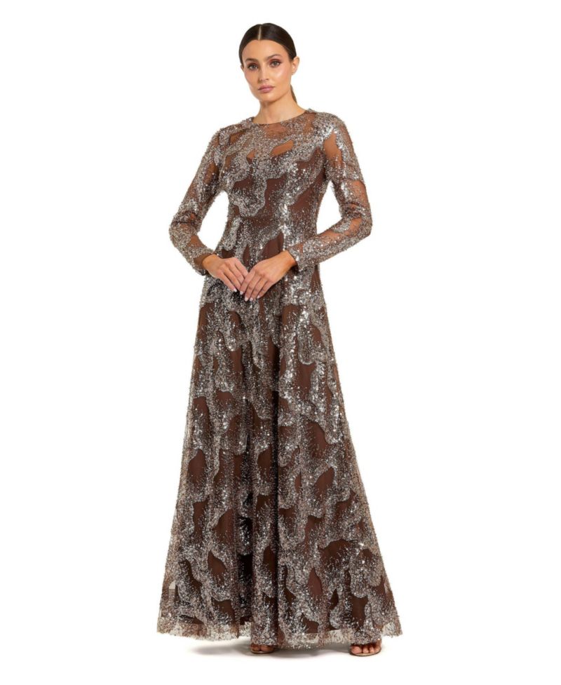 Women's Embellished Mesh Long Sleeve High Neck Gown