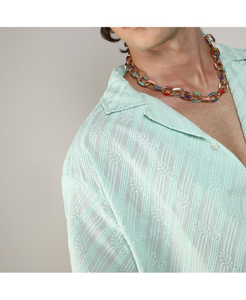Men's Mint Green Embroidered Striped Shirt
