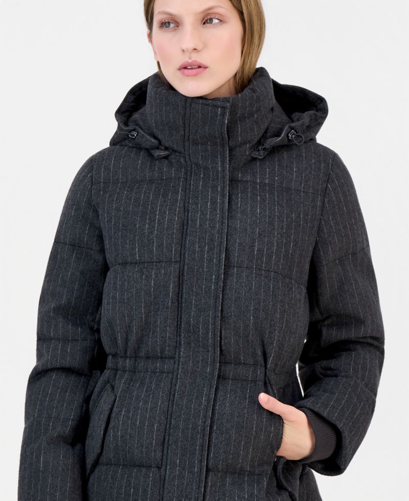 Women's Pinstripe Quilted Hooded Puffer Coat