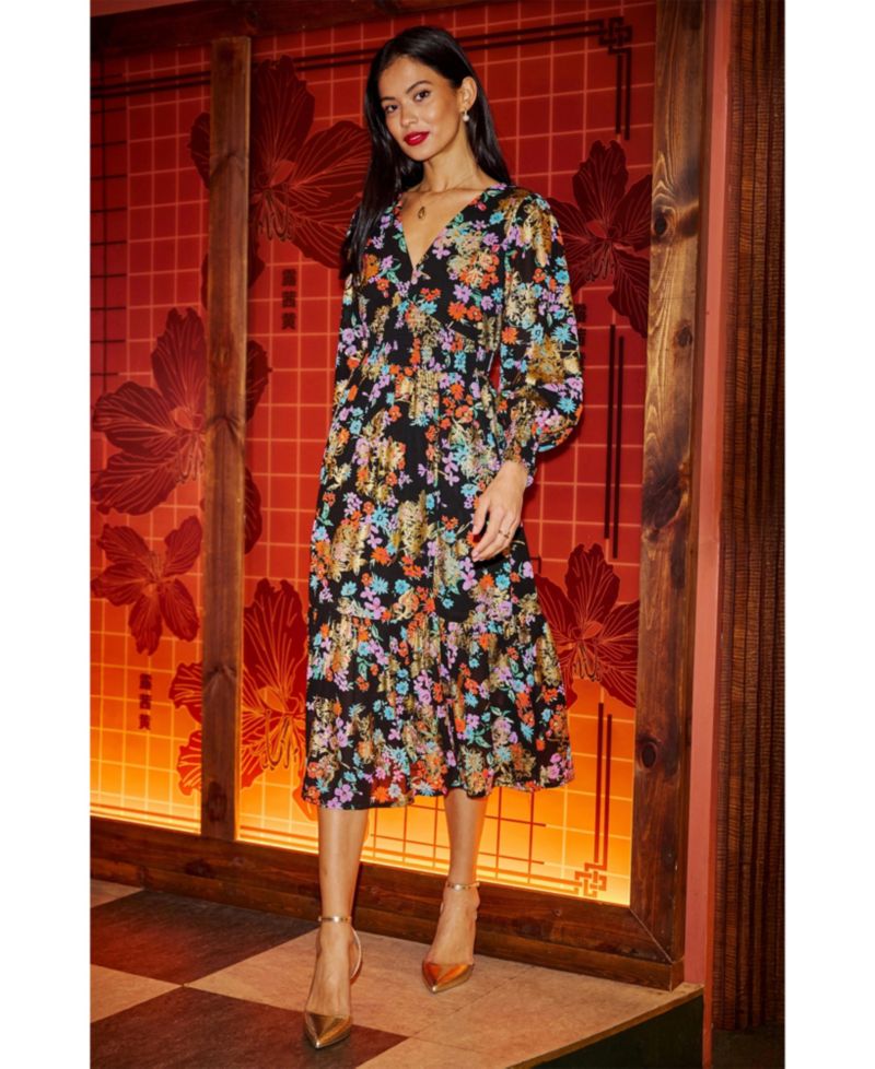 Women's Floral And Foil Ruched Midi Dress