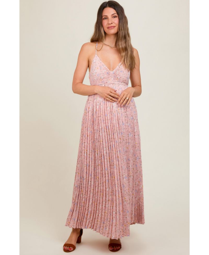 Women's Light Pink Floral Pleated Back Cutout Maxi Dress