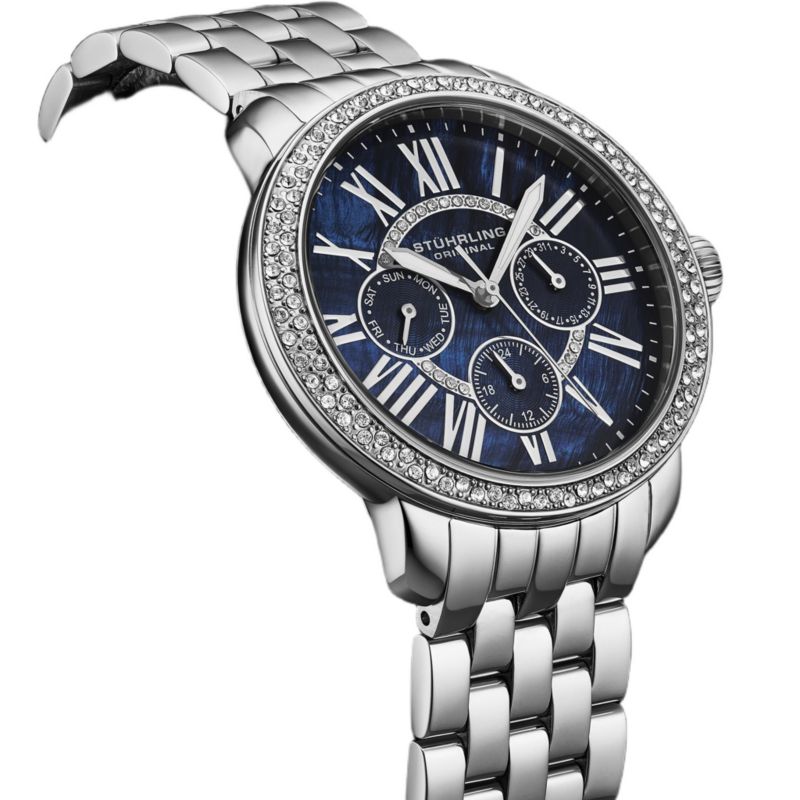 Sonata Women s 38mm Quartz Multifunction Watch - Blue Mother-of-Pearl Dial Crystal Bezel Stainless Steel Bracelet