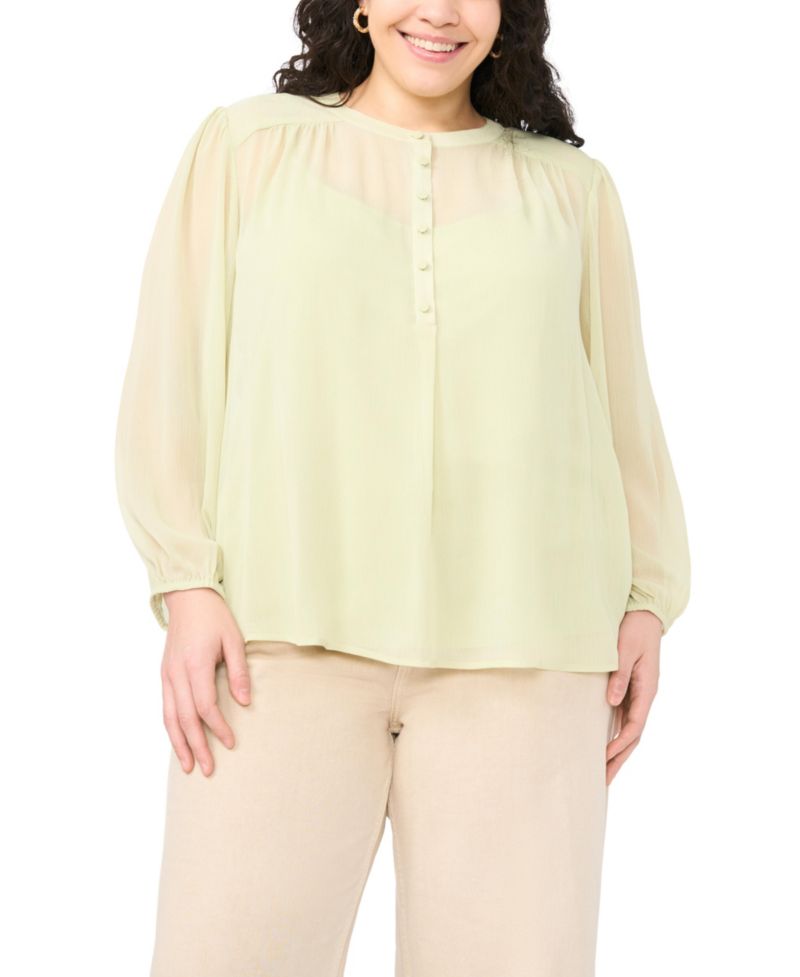 Plus Size Half Placket Shirred Yoke Blouse