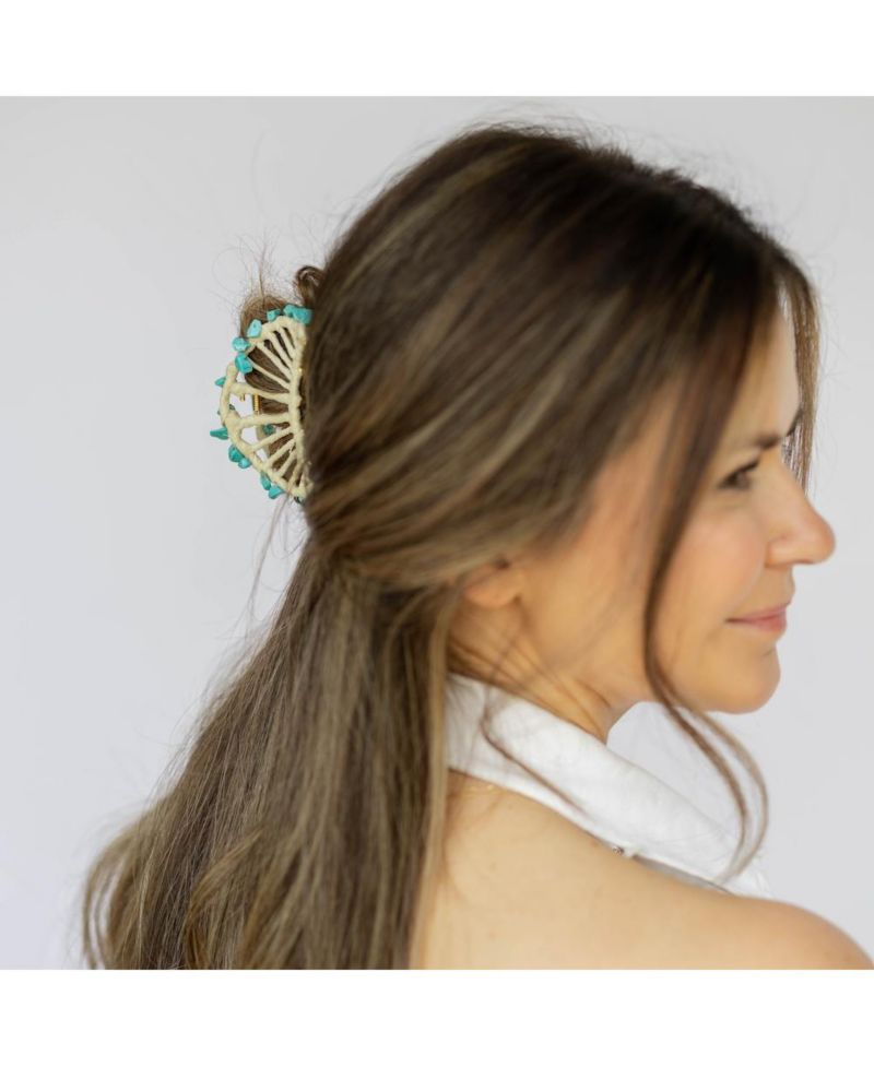 Women's Raffia Seashell Hair Claw Clip - Teal
