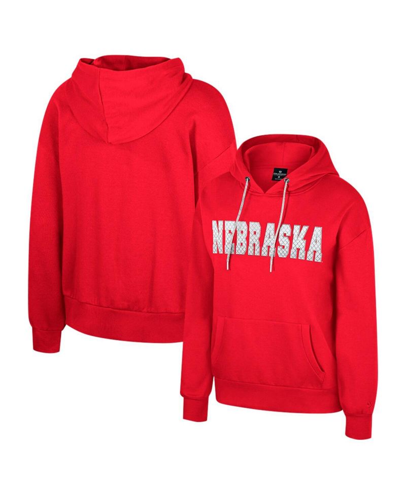 Women's Scarlet Nebraska Huskers Reflection Rhinestone Drawcord Pullover Hoodie