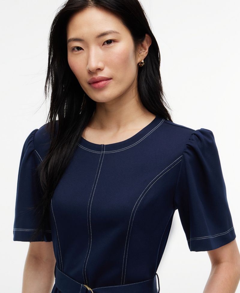 Women's Top Stitch Ponte Short-Sleeve Crewneck Mini Dress