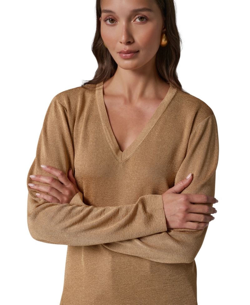 Women's Long-Sleeve Metallic V-Neck Sweater