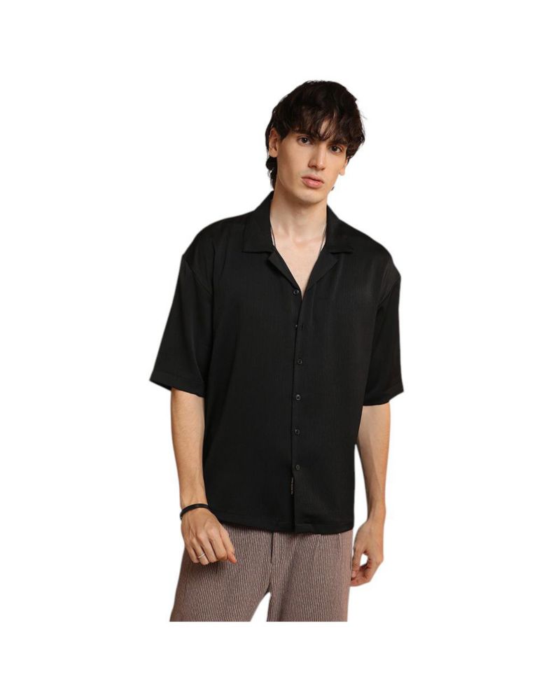 Men's Onyx Black Solid Crinkle Oversized Shirt