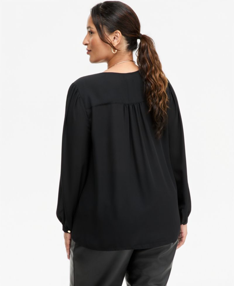 I.N.C. Plus Size Long-Sleeve V-Neck Pleated Blouse