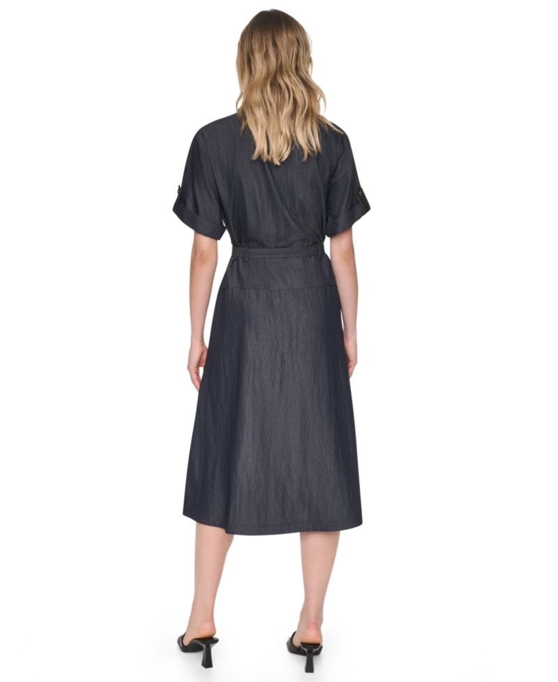 Women's Collared Short-Sleeve Removable Belt Midi Dress