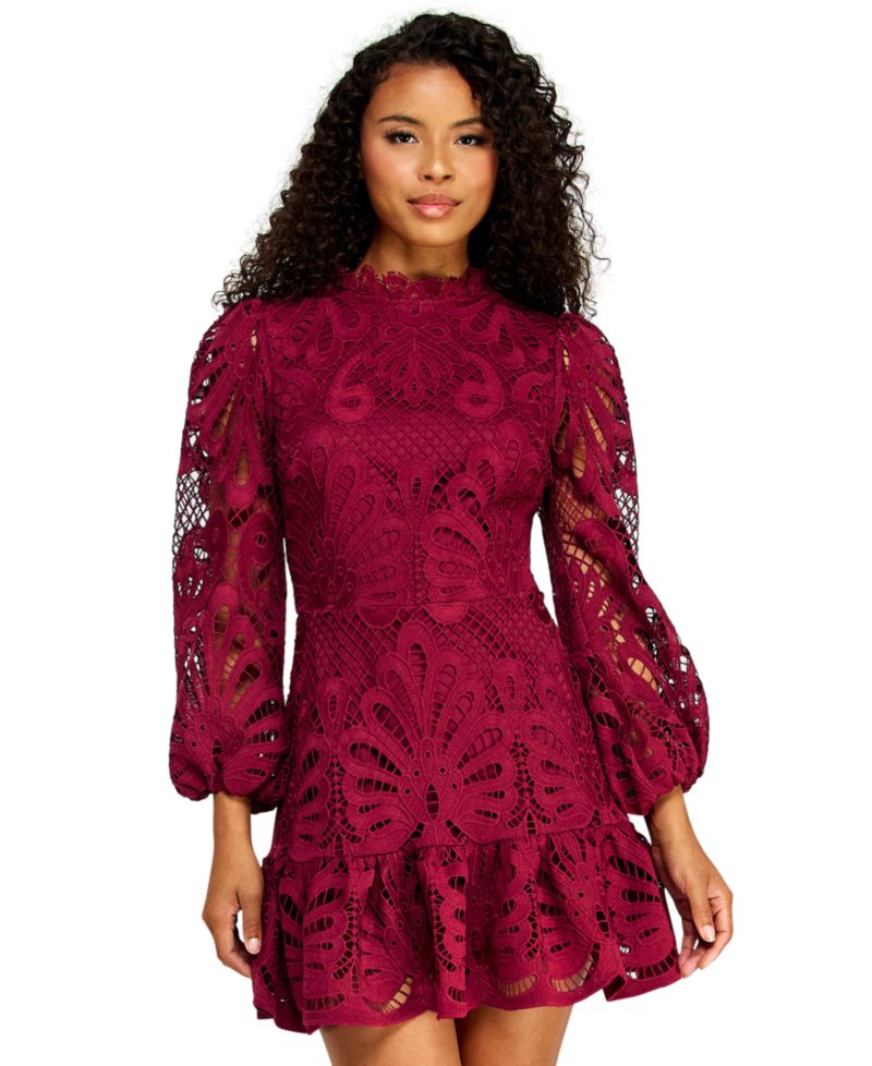 Juniors' Embroidered Lace Dress with Long-Sleeve and Scallop-Hem