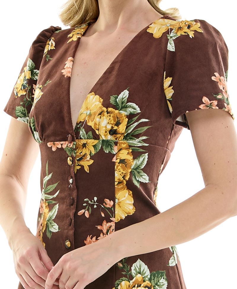 Juniors' Floral V-Neck Lace-Back Corduroy Mini Dress
