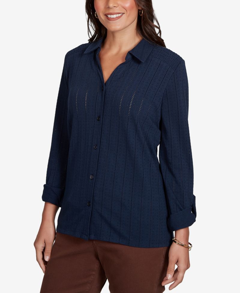 Petite Striped 3/4-Sleeve Henley Collar Blouse