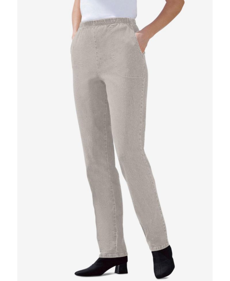 Petite Straight Leg Fineline Pull-On Stretch Denim Jeans