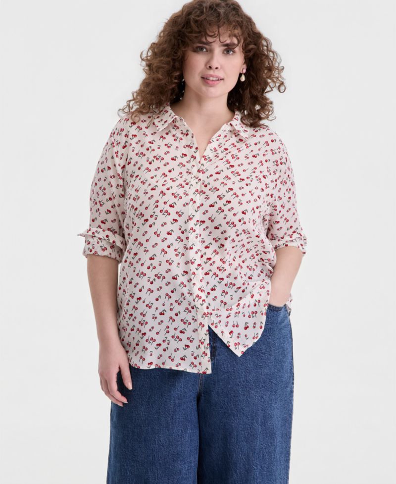 Trendy Plus Size Cherry Print Silky Shirt