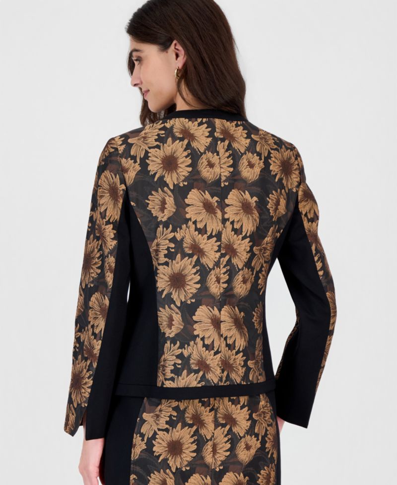Women's Collarless Shoulder-Padded Floral Cardigan