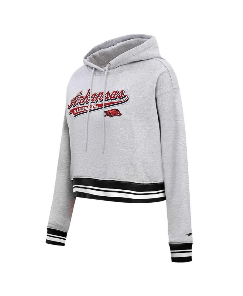 Women's Heather Gray Arkansas Razorbacks Script Tail Fleece Cropped Pullover Hoodie