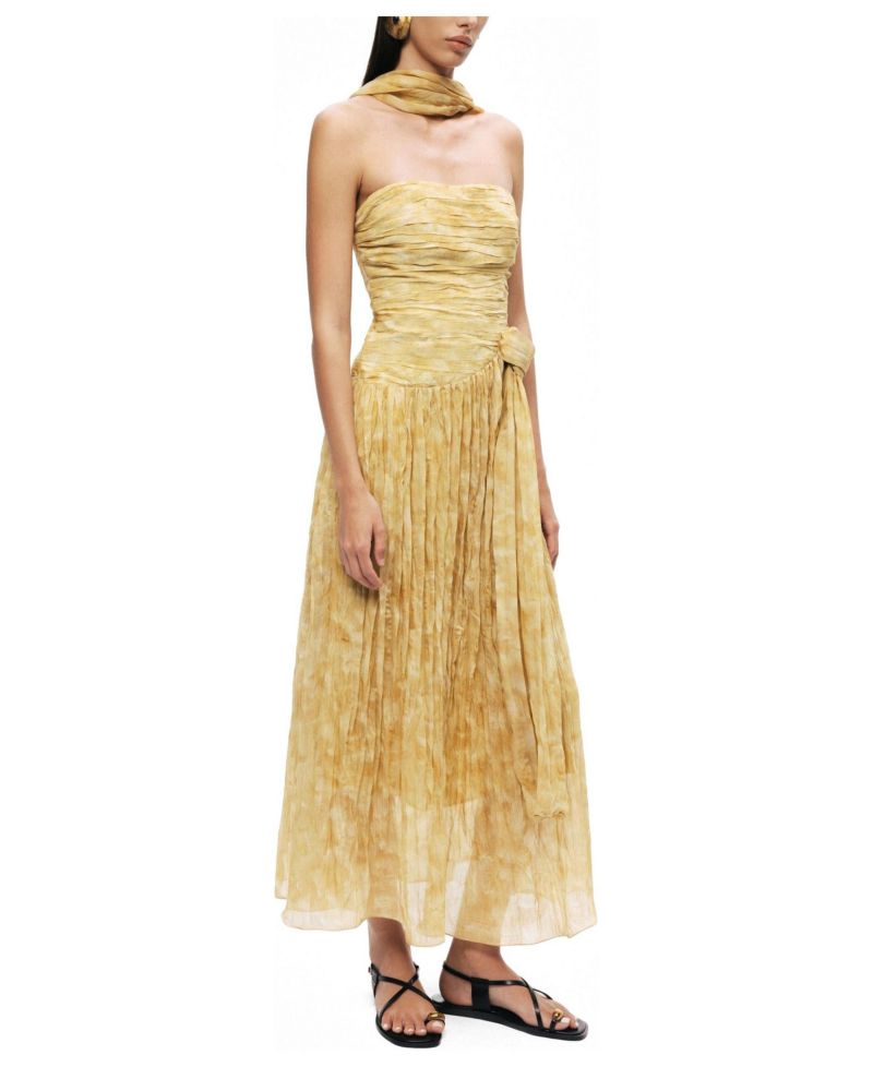 Women's Strapless A-Line Ruched Corset Bodice Viscose-Blend Midi Dress