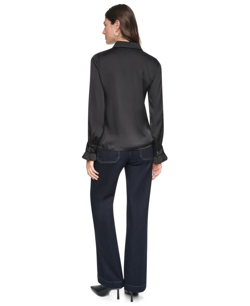 Women's Animal Print Heatset Ruffle-Cuff Collared Blouse