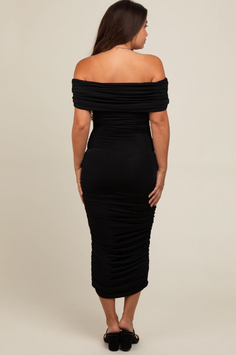 Women's Black Off Shoulder Ruched Midi Dress