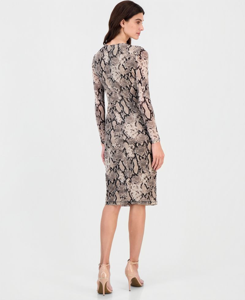 nne Klein Petite Snake-Print Shirred-Waist Long-Sleeve Midi Dress