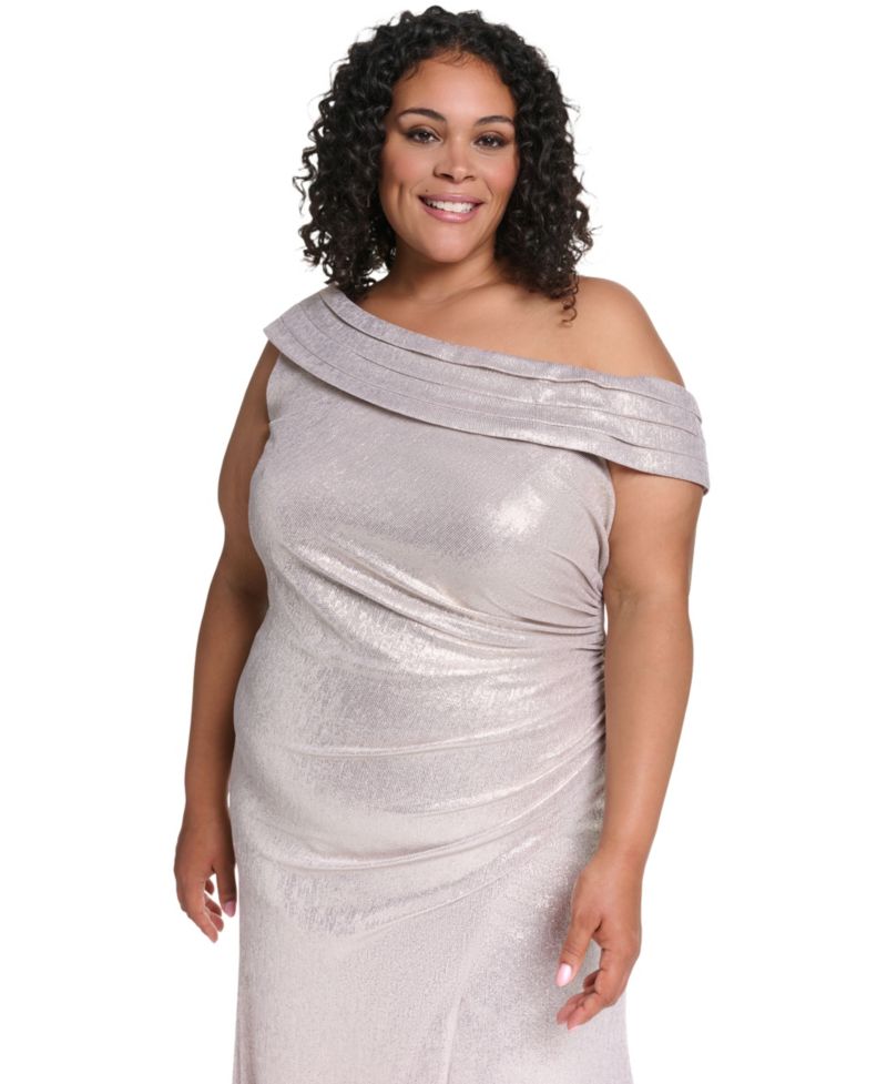 Plus Size One-Shoulder Metallic Front-Slit Gown