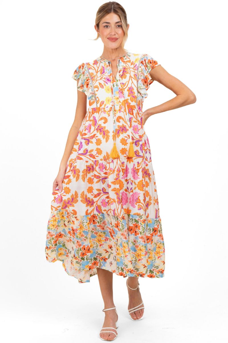 Women's Orange Colorblock Floral Tassel Front Tie Dress