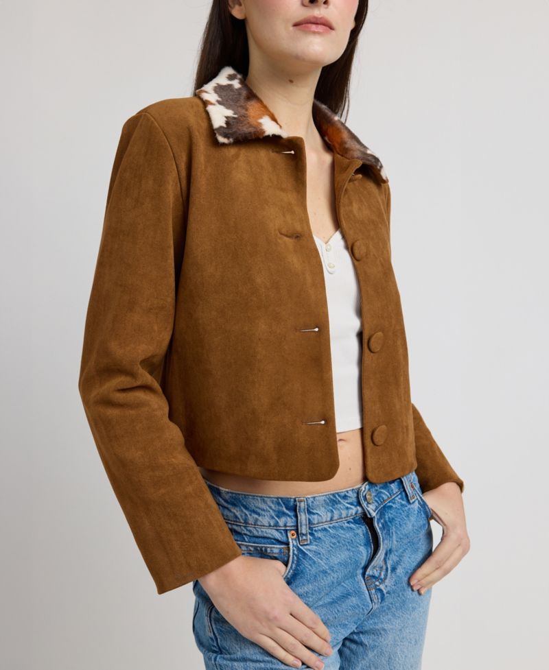 Women's Yumi Pocket Cropped Faux-Suede Cow-Print Collar Jacket