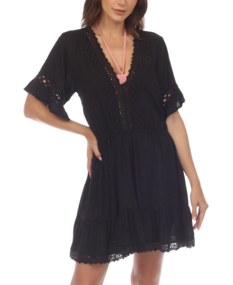 Women's V-Neck Short-Sleeve Lace-Trim Dress Cover-Up