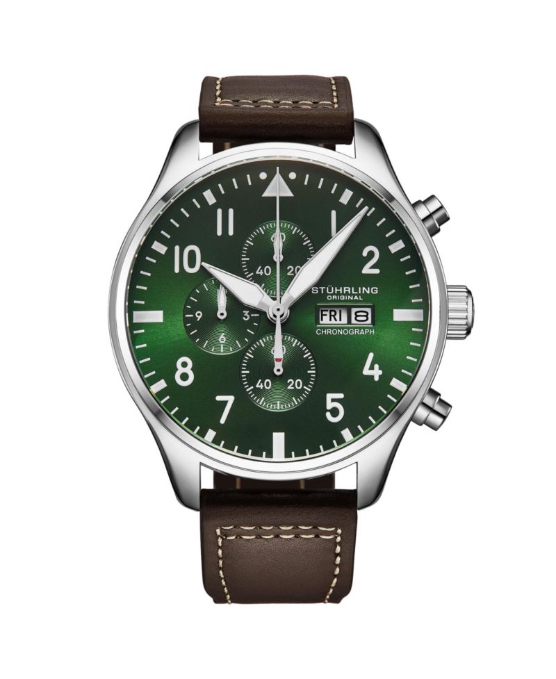 Navigator 4075 Men s 43mm Green Sunray Dial Brown Leather Strap Chronograph Quartz Watch