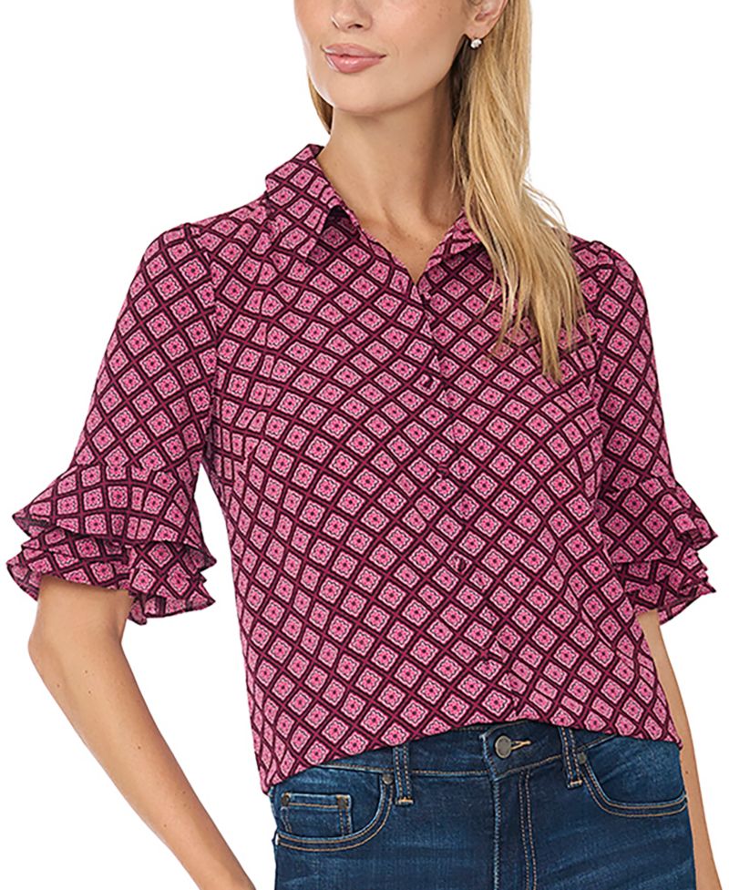 Women's Collared Button Up with Ruffle Sleeve Opening Geometric-Print Blouse