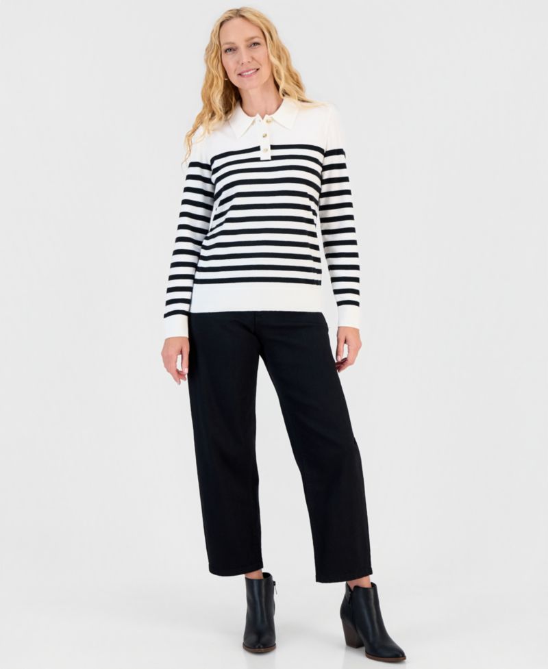 Petite Stripe Long-Sleeve Polo Sweater