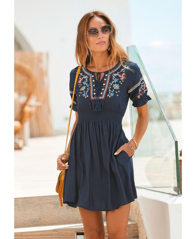 Women's Viscose Embroidered Short A-Line Elastic-Waist Short Dress